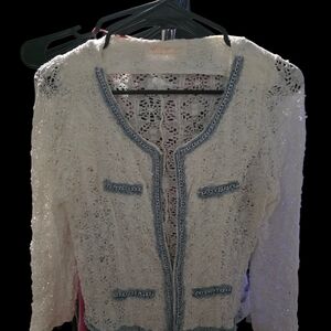 Crochet Knit White Blazer with Blue Trim